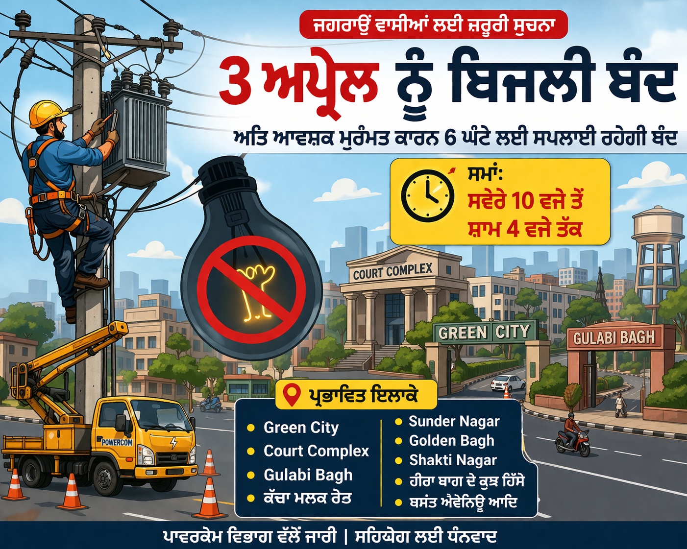 ਜਗਰਾਉਂ ਵਿੱਚ 3 ਅਪ੍ਰੈਲ ਬਿਜਲੀ ਬੰਦ: 6 ਘੰਟੇ ਲਈ ਕਈ ਇਲਾਕੇ ਪ੍ਰਭਾਵਿਤ | Powercom Update