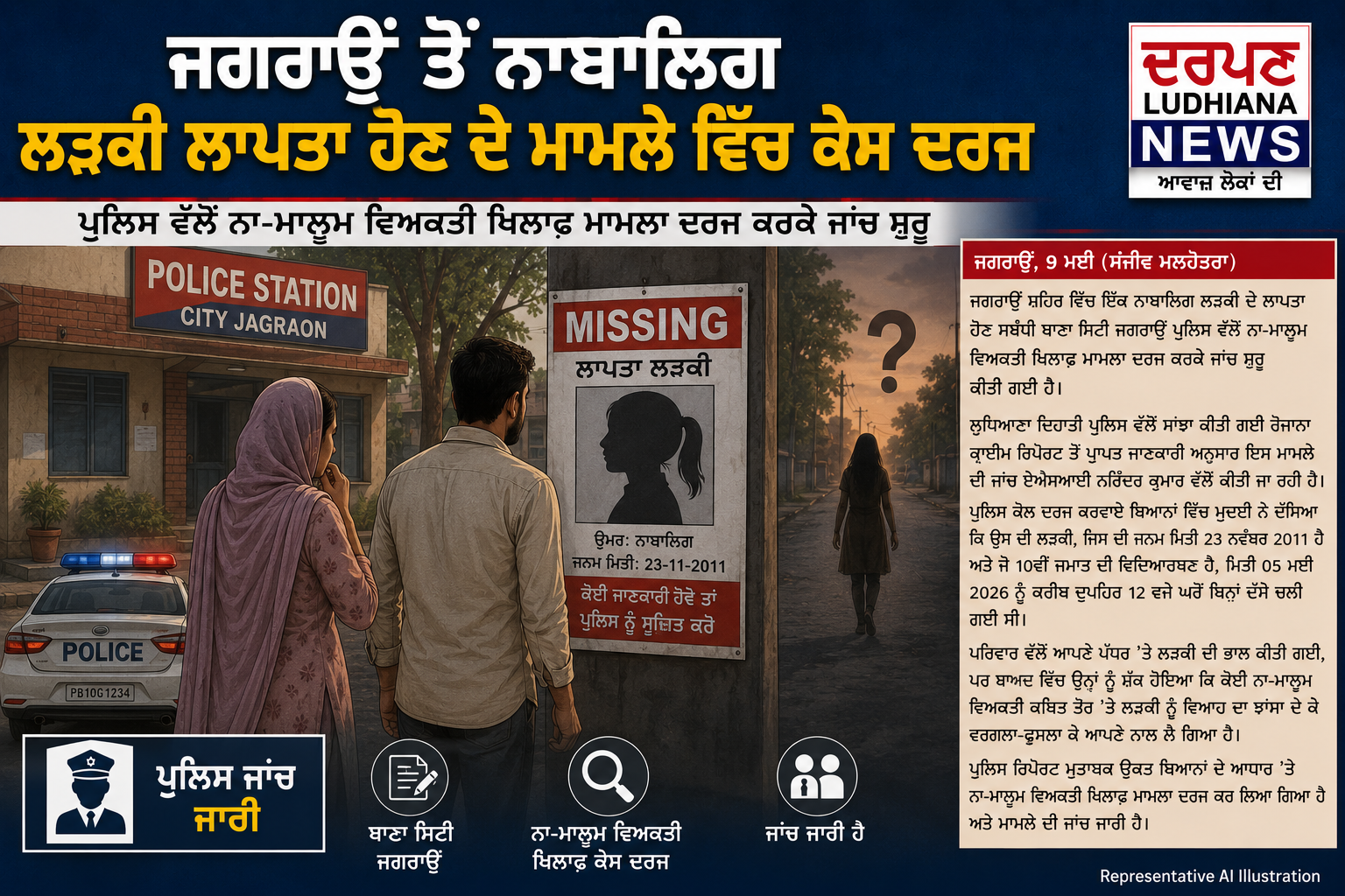ਜਗਰਾਉਂ ਵਿੱਚ ਨਾਬਾਲਿਗ ਲੜਕੀ ਲਾਪਤਾ ਹੋਣ ਦੇ ਮਾਮਲੇ ਵਿੱਚ ਕੇਸ ਦਰਜ
