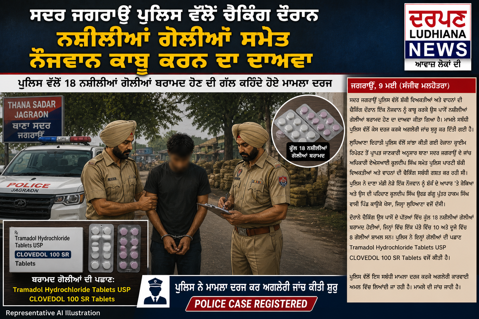 ਸਦਰ ਜਗਰਾਉਂ ਪੁਲਿਸ ਵੱਲੋਂ 18 ਨਸ਼ੀਲੀਆਂ ਗੋਲੀਆਂ ਸਮੇਤ ਨੌਜਵਾਨ ਕਾਬੂ ਕਰਨ ਦਾ ਦਾਅਵਾ