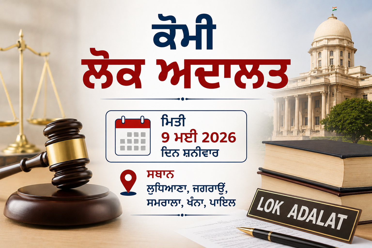 ਲੁਧਿਆਣਾ ਜ਼ਿਲ੍ਹੇ ਵਿੱਚ 9 ਮਈ ਨੂੰ ਕੌਮੀ ਲੋਕ ਅਦਾਲਤ ਦਾ ਆਯੋਜਨ, 1 ਲੱਖ ਤੋਂ ਵੱਧ ਕੇਸਾਂ ਦੀ ਸੁਣਵਾਈ ਹੋਵੇਗੀ